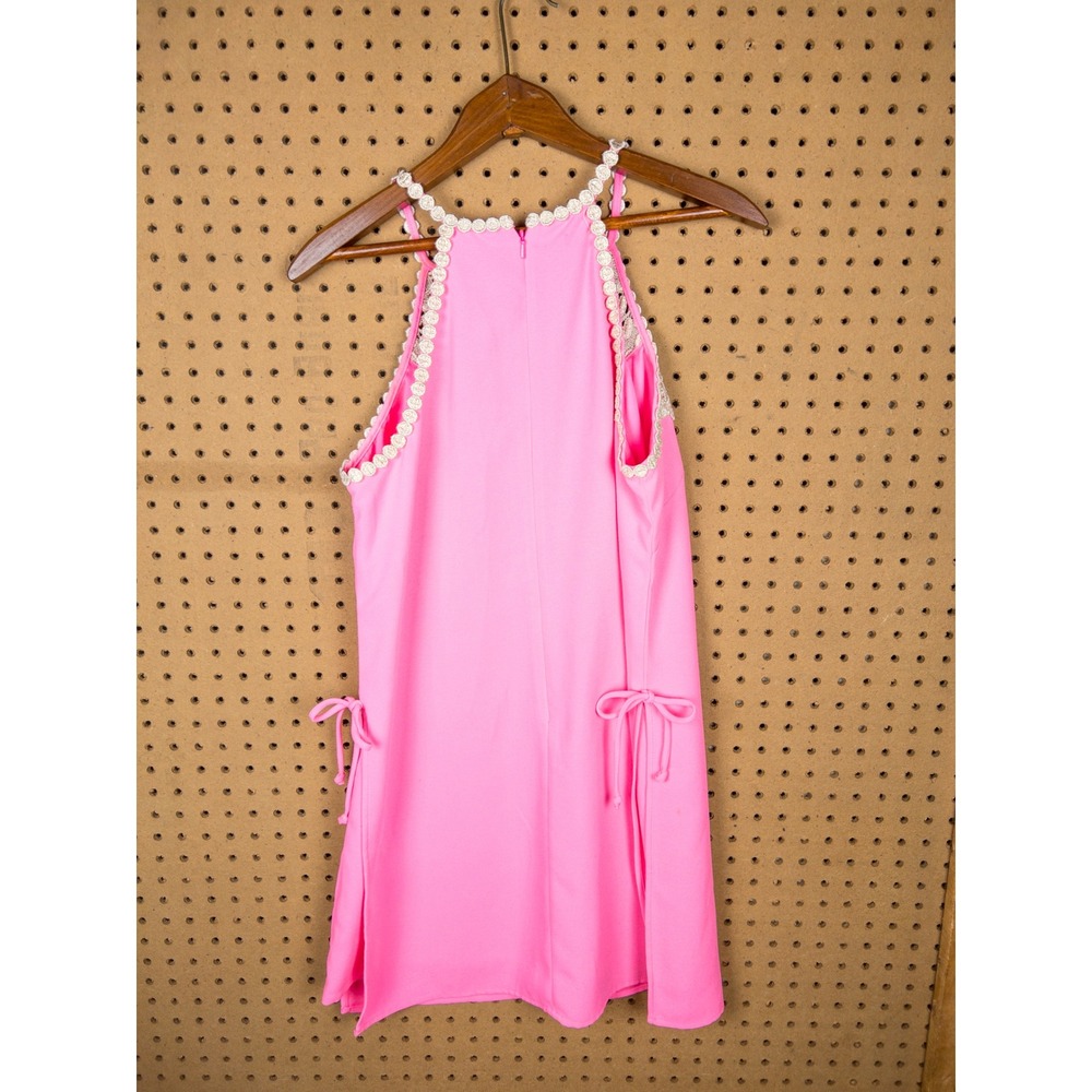 Lilly Pulitzer Pink Halter Shift Dress Gold Crochet Lace Bib Shorts Size 6 - Picture 6 of 6